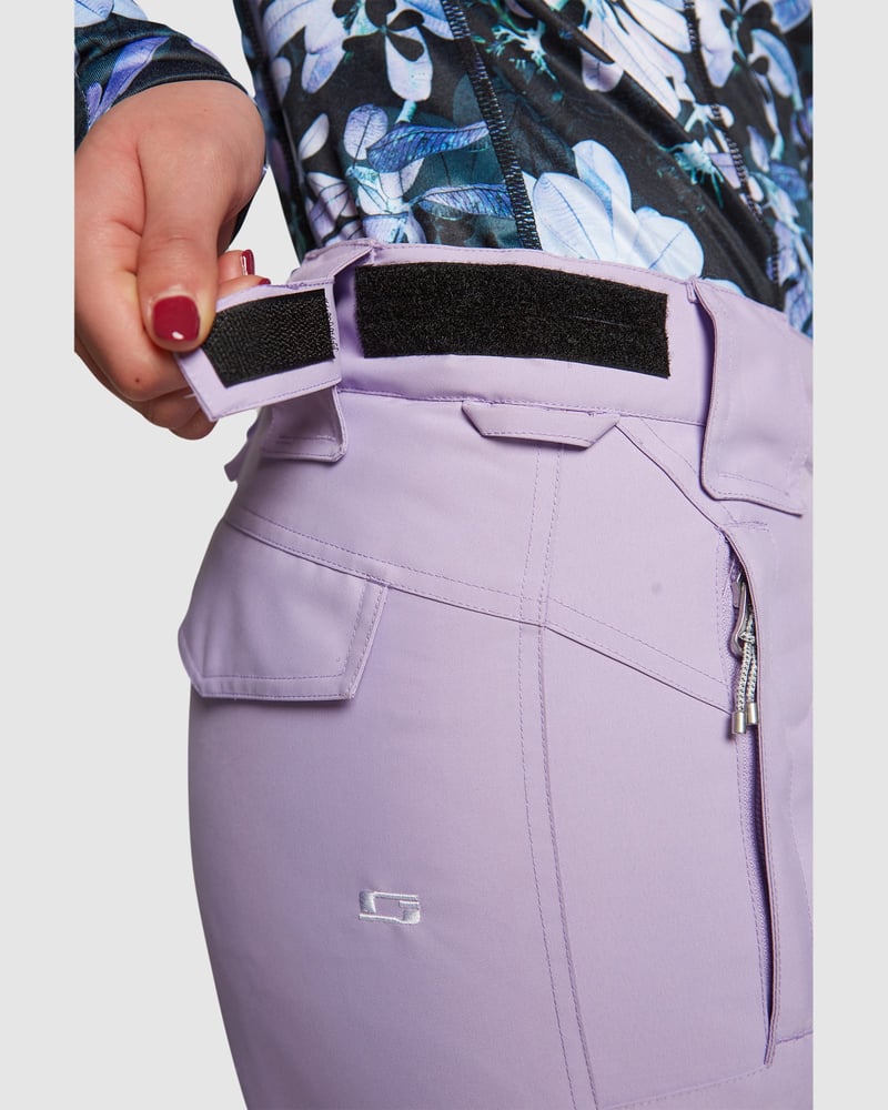 Lilac ROJO Adventure Awaits snow pants featuring an adjustable velcro waistband, side pocket, and small logo.