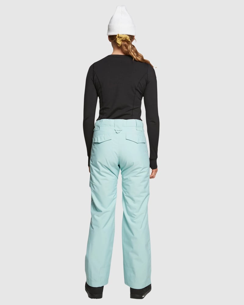 Back view of mint green ROJO Adventure Awaits snow pants with rear flap pockets and a straight leg fit.