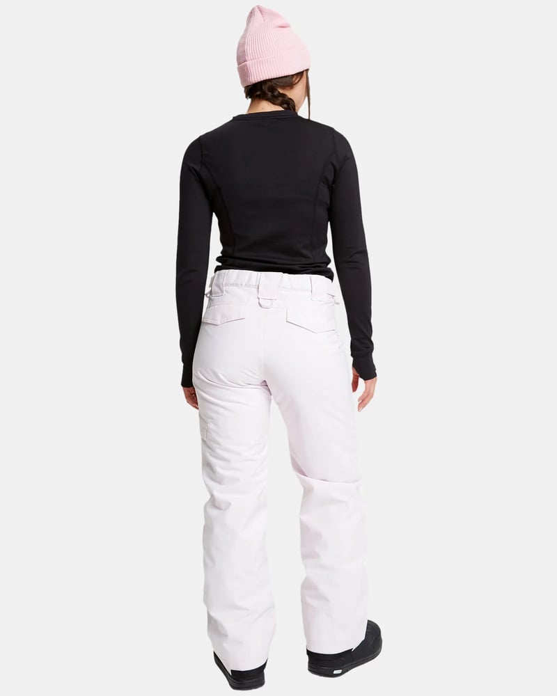 Rear view of light pink ROJO Adventure Awaits snow pants featuring back flap pockets and a straight leg fit.