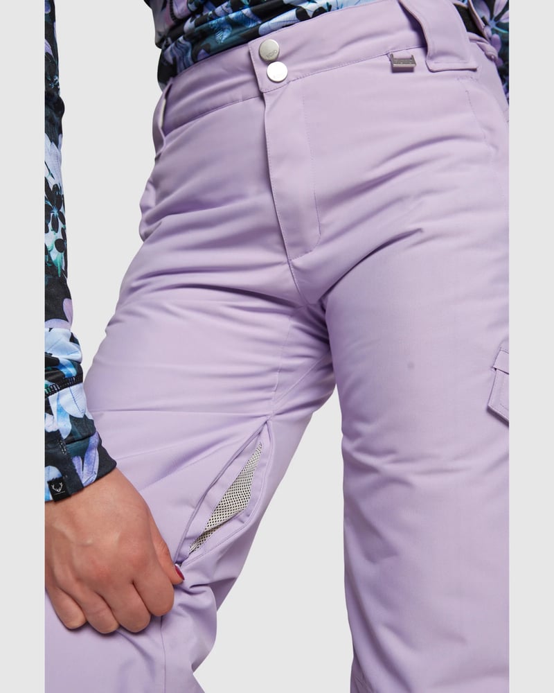 Lavender ROJO Adventure Awaits snow pants with double snap waist, belt loops, and zippered inner thigh mesh vent.