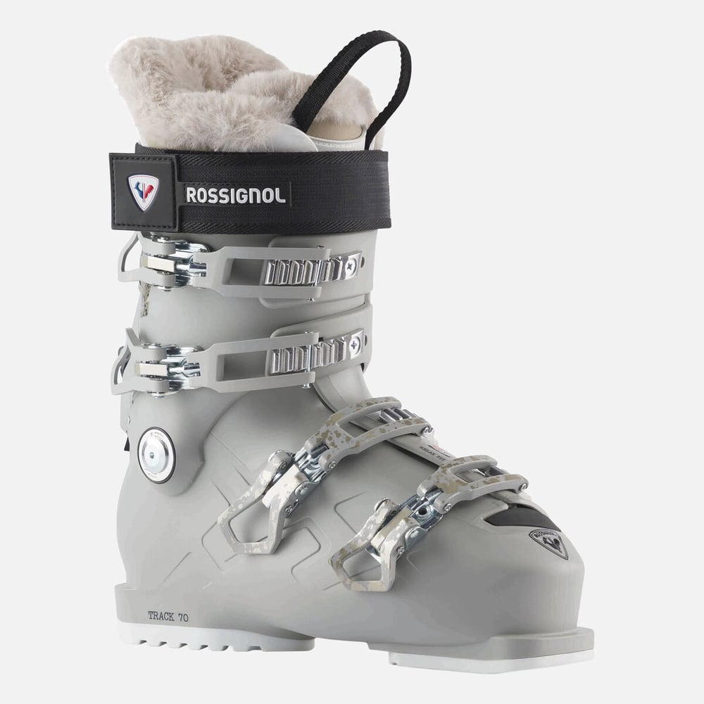 Rossignol Track 70 W ski boot in light grey with four silver buckles, black power strap, and plush faux fur lining.