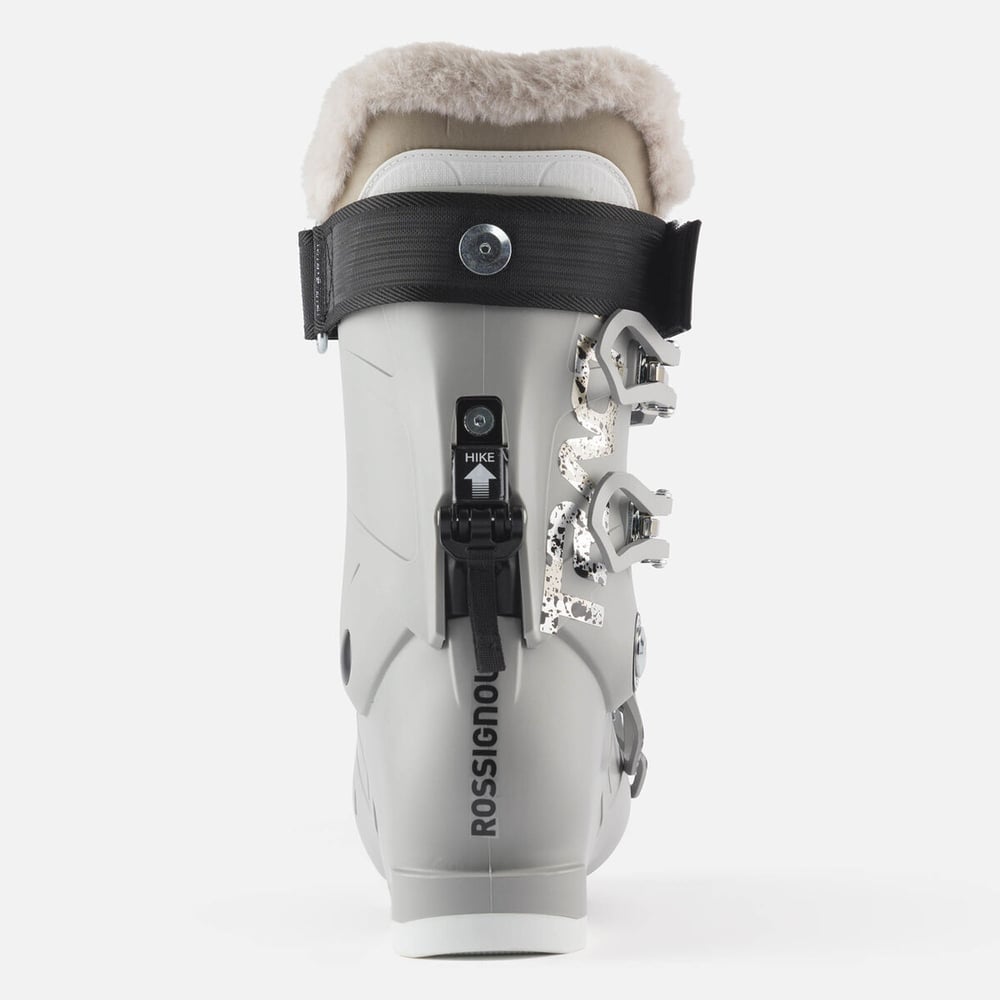Rear view of a grey Rossignol Track 70 W ski boot with a hike mode lever and tan faux fur lining.