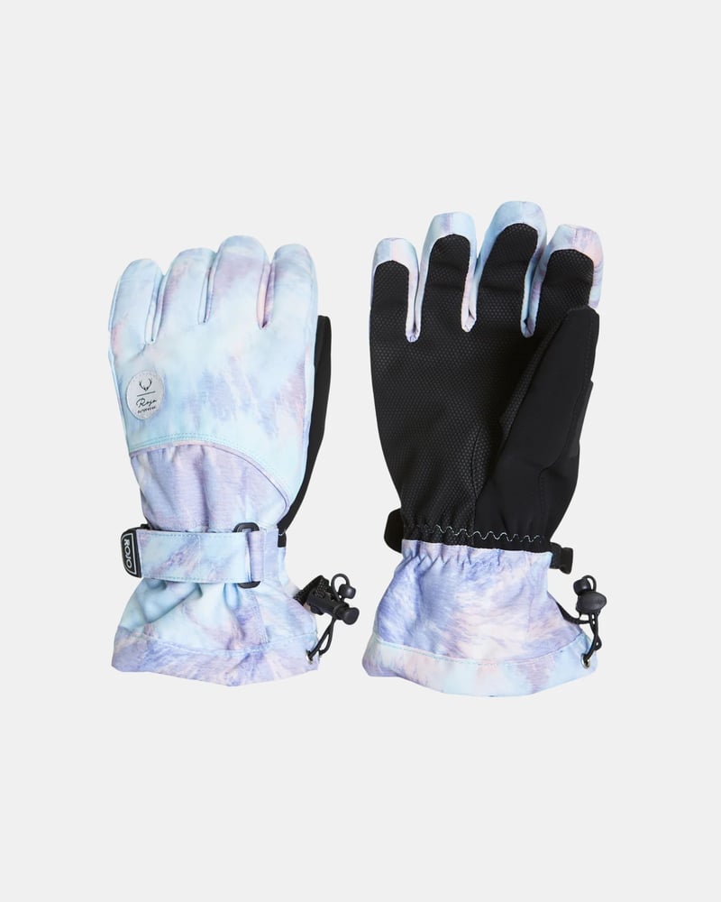 ROJO Women's Maximise snow gloves with light blue and purple tie-dye print, black palms, wrist straps, and cinch cords.
