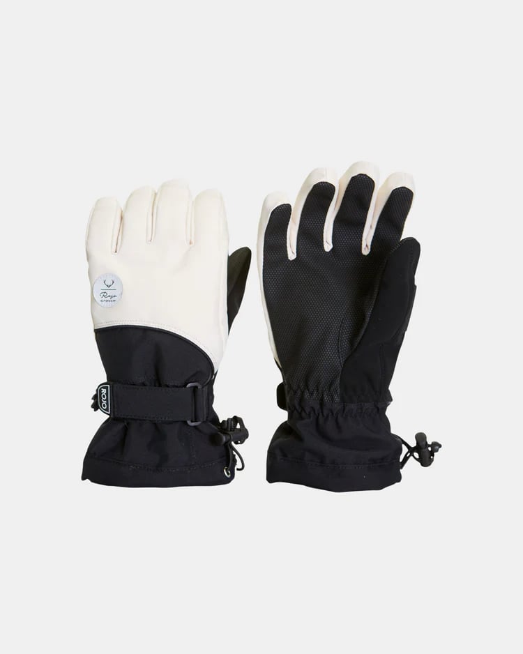 ROJO Women's Maximise snow gloves in cream and black featuring adjustable wrist straps and drawstring gauntlet cuffs.