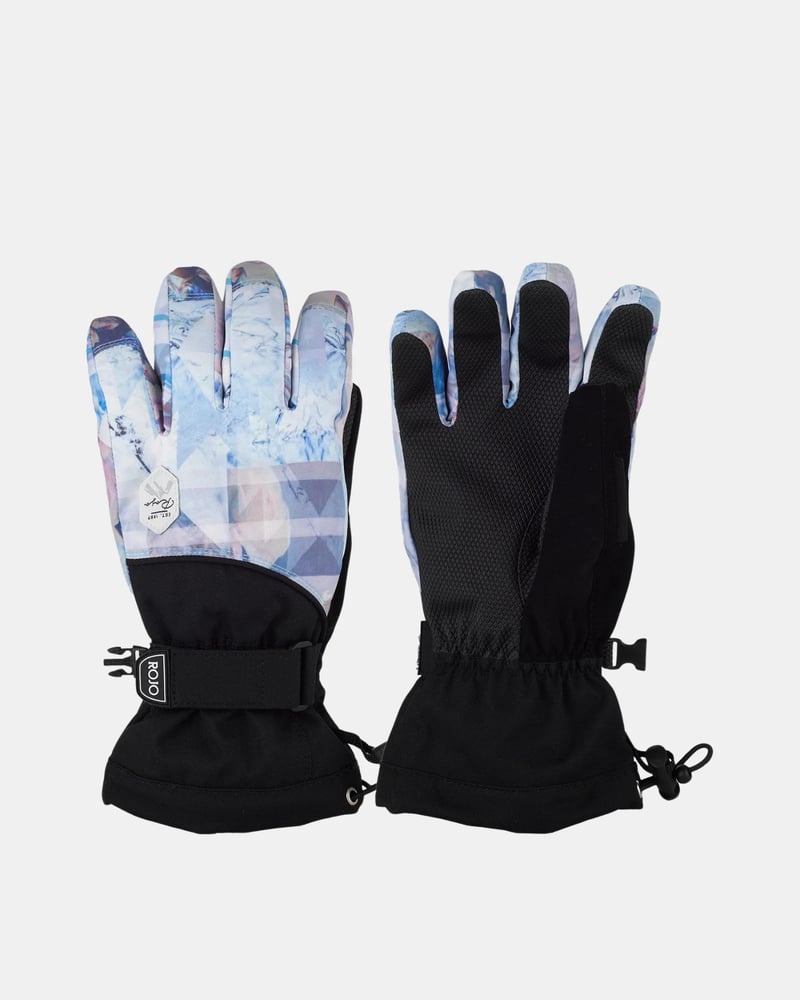 ROJO Women's Maximise Snow Gloves with blue mountain print, black palms, adjustable wrist straps, and drawstring cuffs.