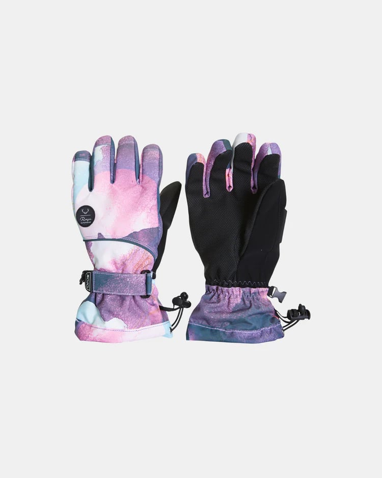 ROJO Women's Maximise snow gloves with purple and pink watercolor print, black palms, wrist straps, and drawstring cuffs.